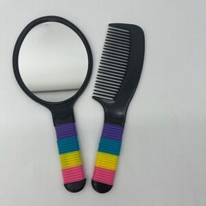 Vtg 80s 90s Rainbow Handle Mirror & Comb‎ Set Retro Hair Styling Tools Blak